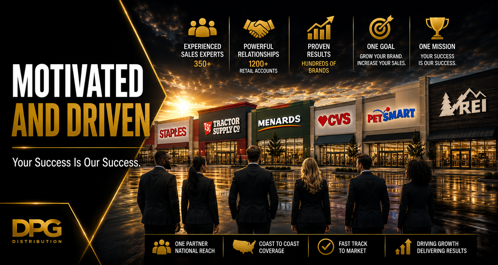 DPG Distribution infographic highlighting a motivated and driven national sales team alongside top retail brand logos like Lowe's, CVS, and Target.