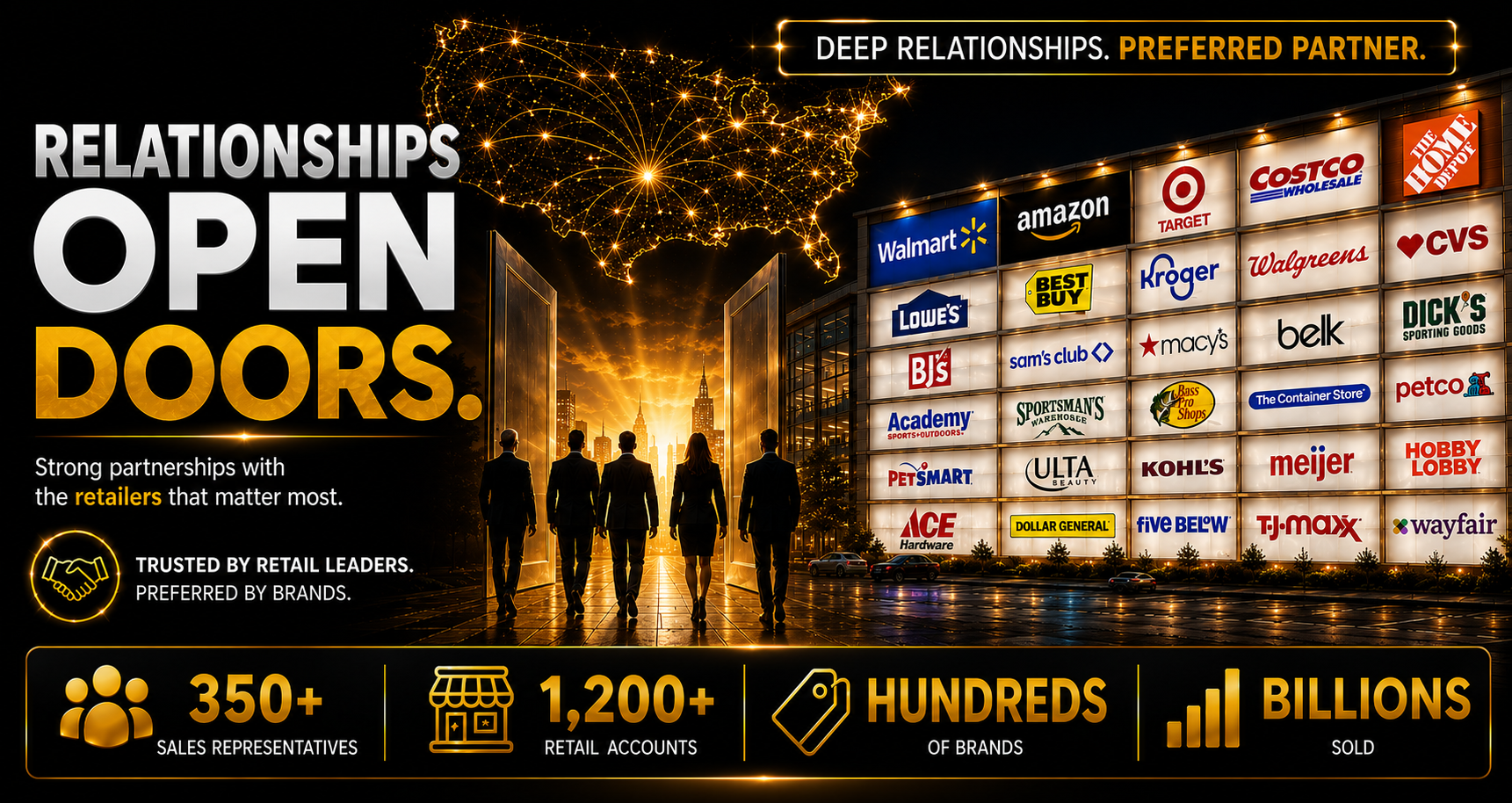 DPG Distribution sales team and independent manufacturers representatives standing before a display of major retail storefronts like Walmart, Amazon, and Target.