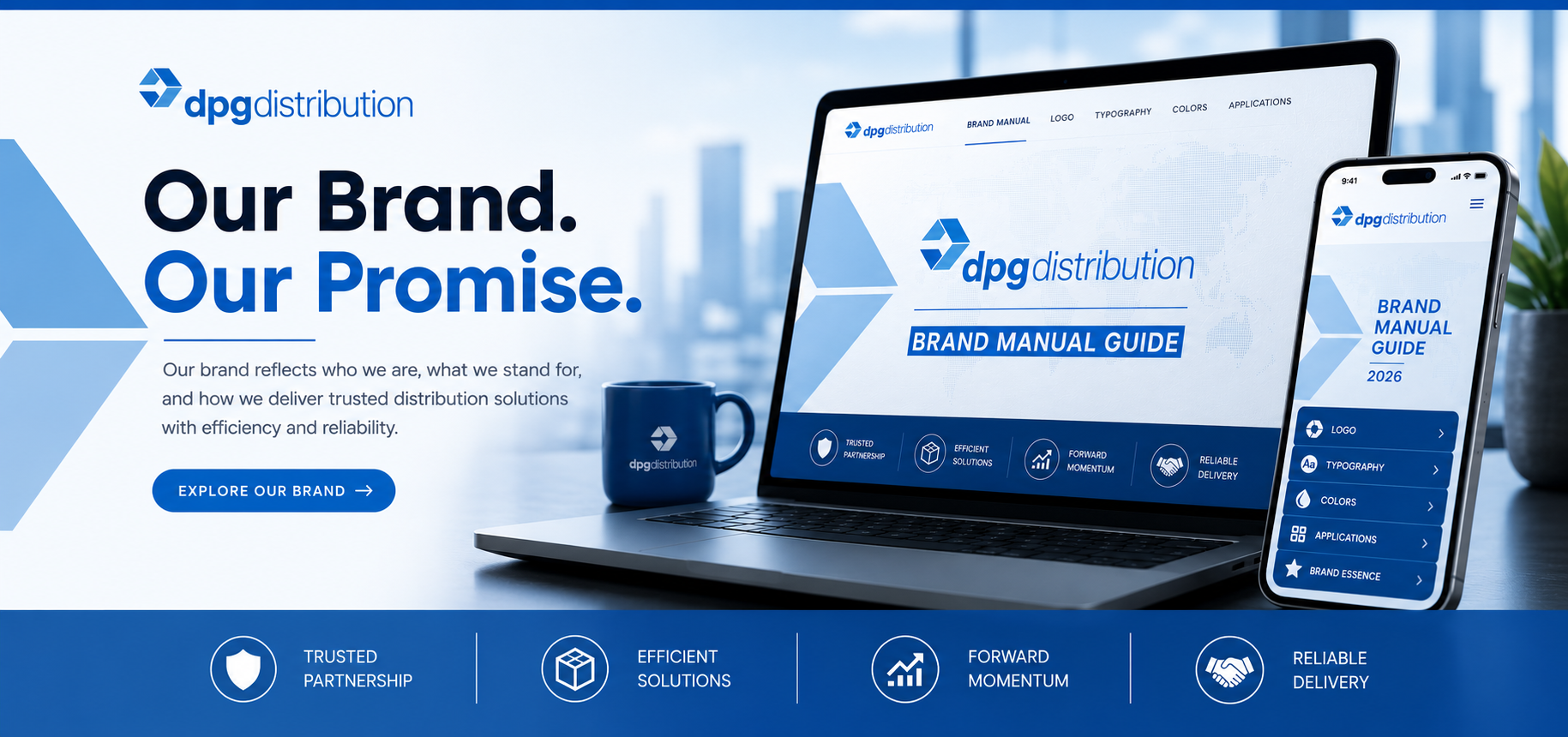 A digital display on a laptop showcasing the DPG Distribution logo next to corporate branding materials and a coffee mug on a desk, emphasizing the company brand and promise.