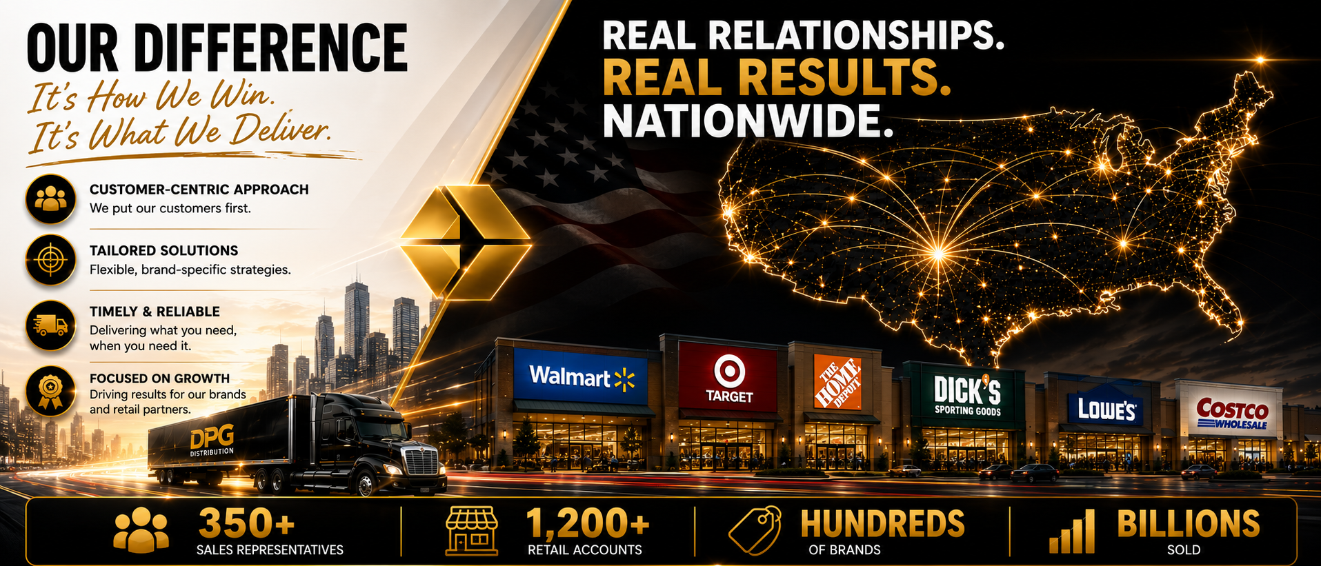 DPG Distribution infographic titled Our Difference, highlighting a national retail network, over 1,200 retail accounts, and hundreds of brands.