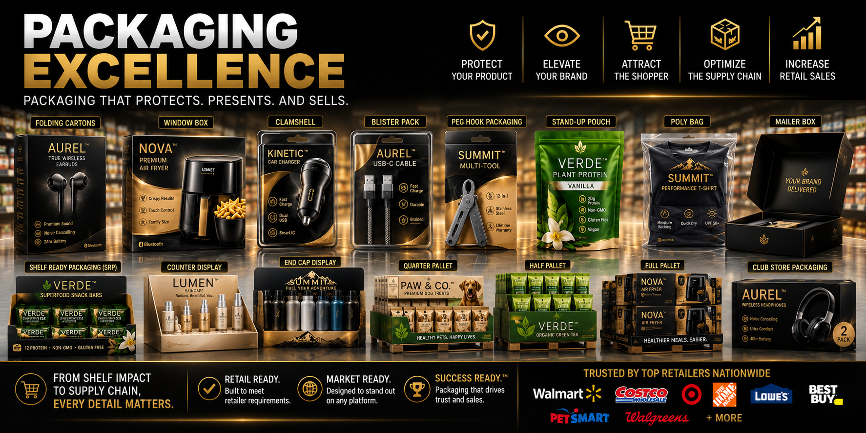 Infographic on retail packaging excellence illustrating shelf-ready design, branding strategies, and retail buyer packaging requirements by DPG Distribution.