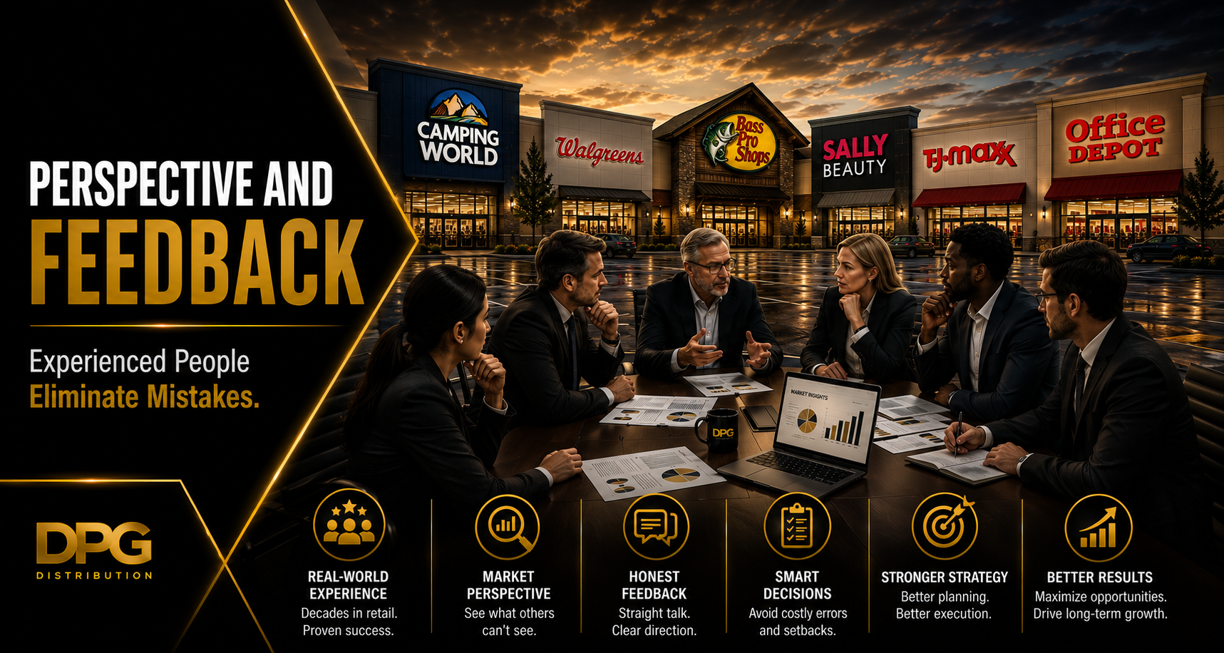 DPG Distribution infographic highlighting professional retail perspective and market feedback, featuring a collaborative boardroom meeting and major retail store logos like Bass Pro Shops and Camping World.