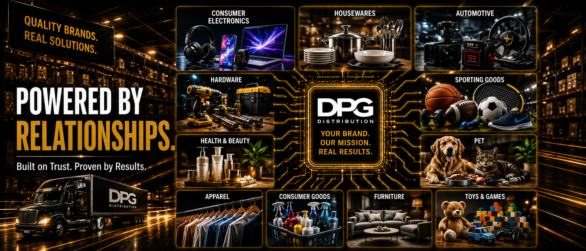 DPG Distribution infographic highlighting retail product placement across categories like Consumer Electronics, Housewares, Hardware, Health & Beauty, Apparel, and Furniture.
