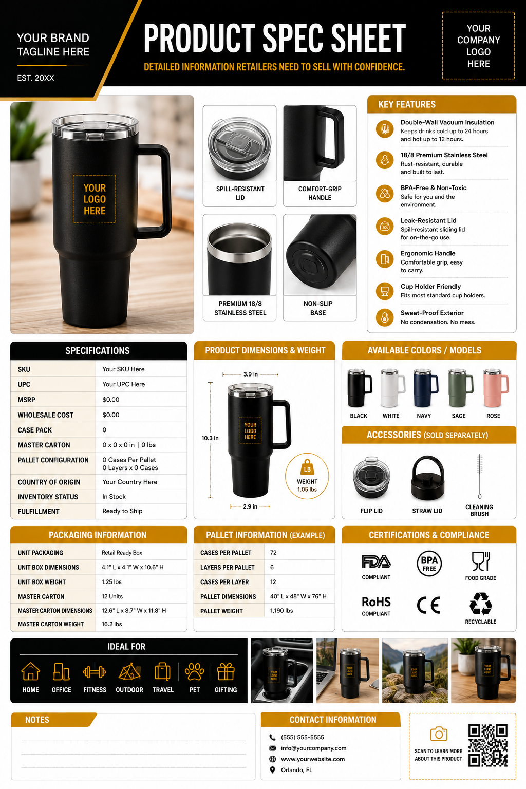 Example of a professional 1-page product specification sheet for retail buyers, demonstrating DPG Retail Ready compliance standards.