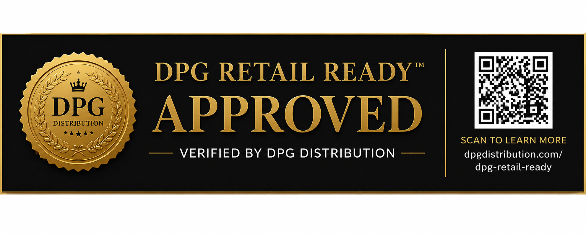 A sleek black and gold rectangular badge reading 'DPG Retail Ready Approved - Verified by DPG Distribution' featuring a corporate seal and verification layout.