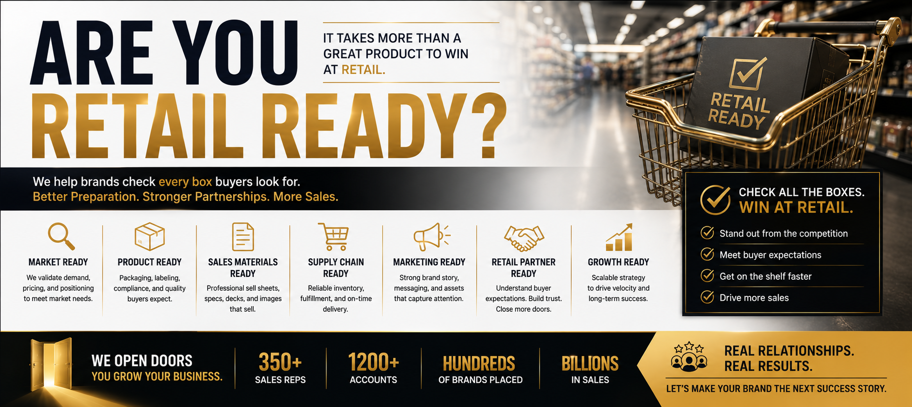 An educational marketing infographic outlining the DPG Retail Ready compliance framework, showcasing necessary requirements like UPC barcodes, packaging standards, and logistics for major retailers.
