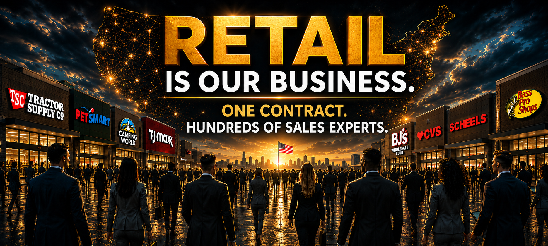 DPG Distribution retail storefront presentation graphic with the headline Retail Is Our Business, illustrating a master sales rep agency driving brand growth into major retail markets through hundreds of sales experts.