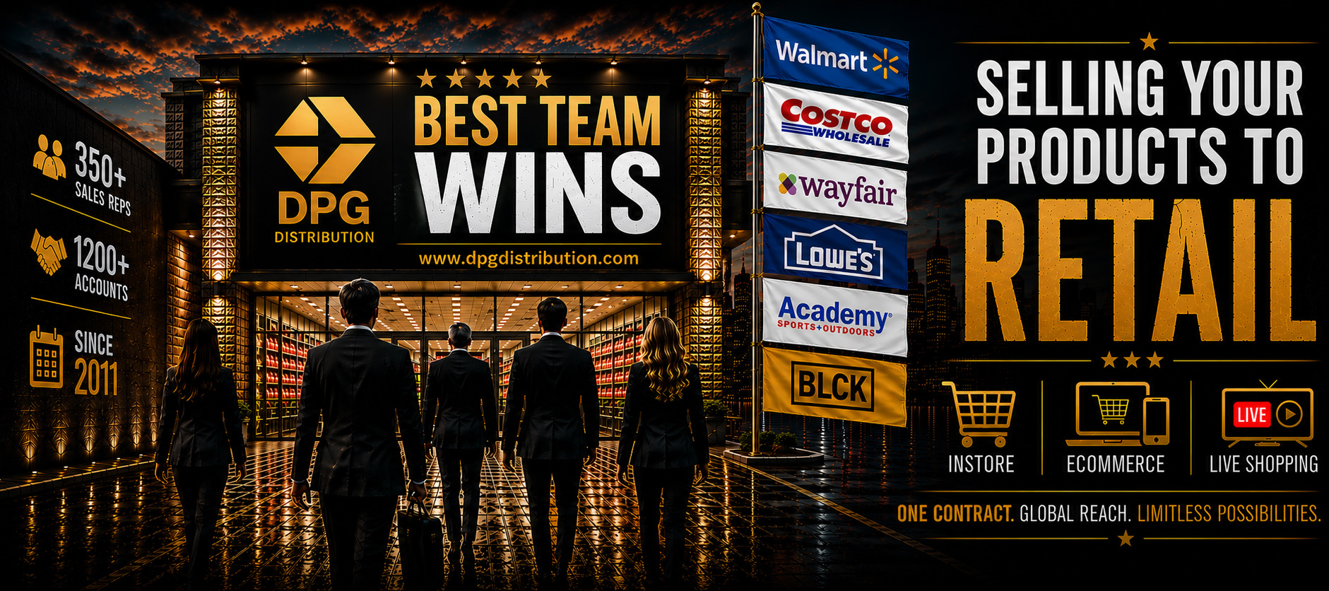 DPG Distribution master sales rep agency team illustration highlighting retail product placement strategies for major retailers like Walmart, Costco, Target, and Best Buy.