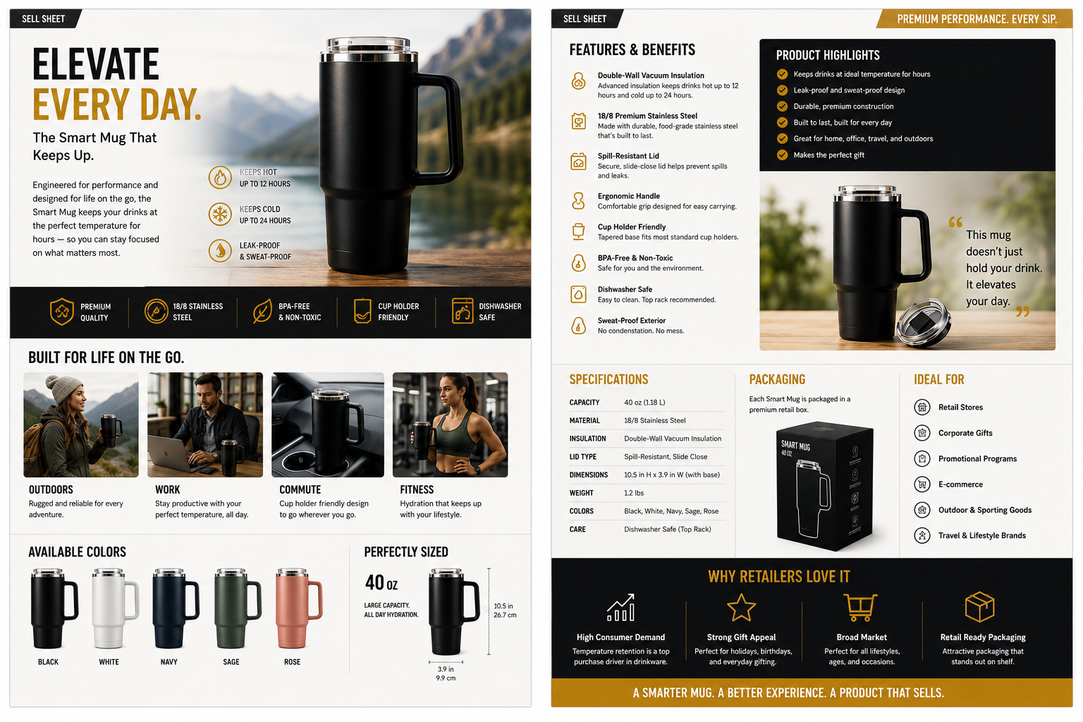 Example of a professional 2-page product sell sheet with retail presentation standards.
