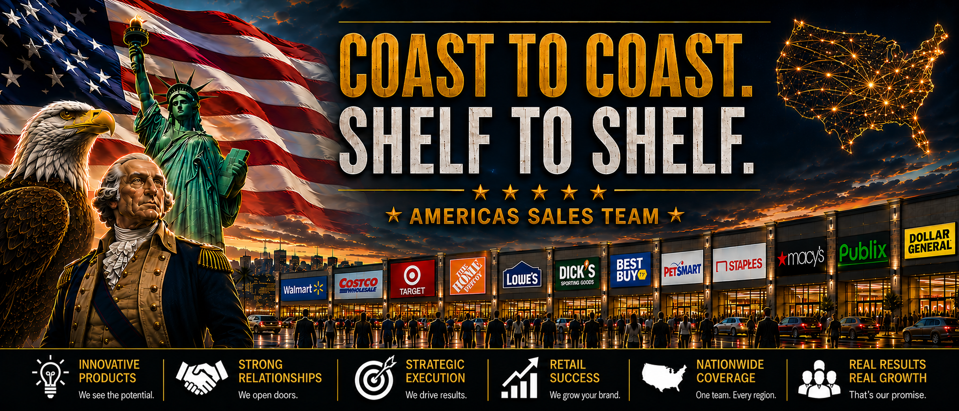 DPG Distribution retail sales graphic titled 'Coast to Coast, Shelf to Shelf' detailing their America's Sales Team network for multi-channel product placement.