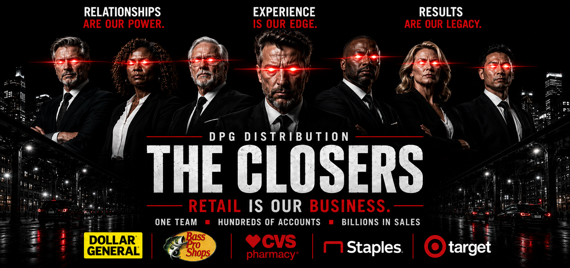 DPG Distribution promotional banner titled The Closers highlighting retail business success with national retail partner logos like CVS and Staples.