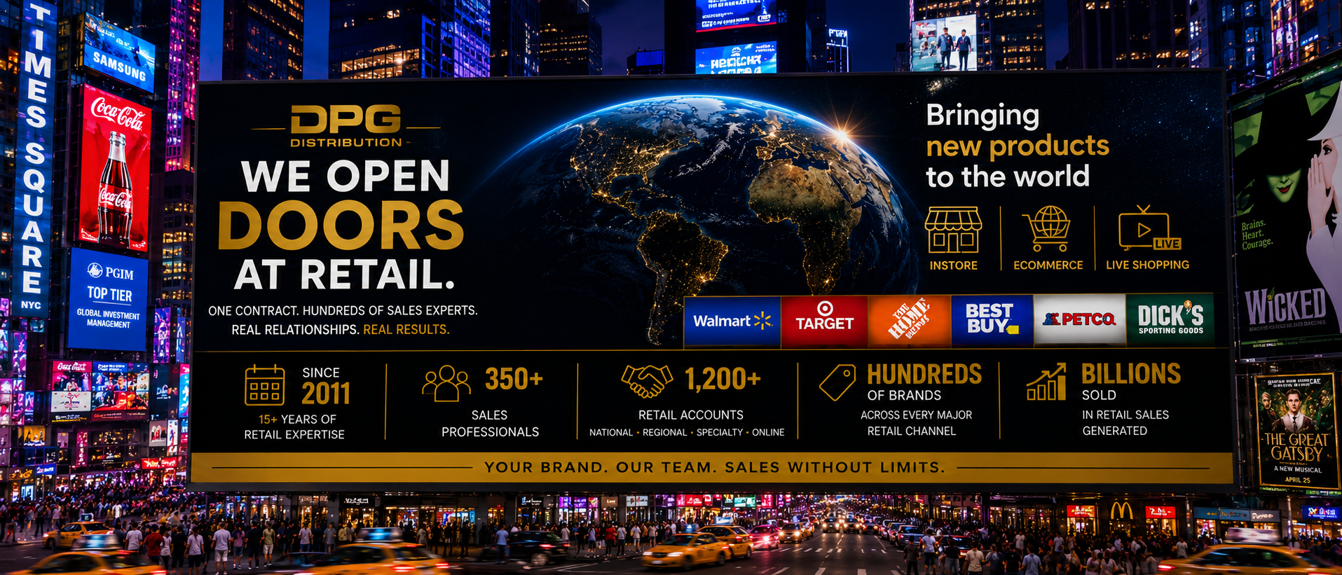 DPG Distribution billboard displayed in Times Square, New York, featuring a product display banner that reads "Open Doors at Retail."