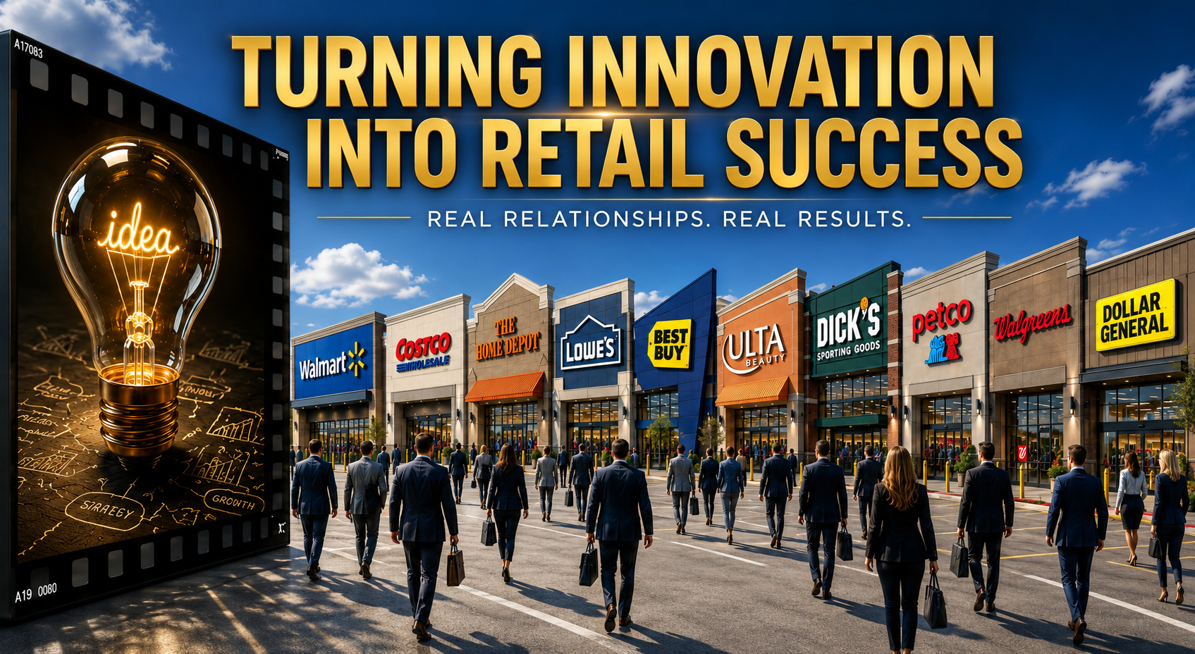 Business professionals walking toward major retail storefronts like Costco, Lowe's, Ulta, and Dick's Sporting Goods, showcasing DPG Distribution's master sales representation and retail success.
