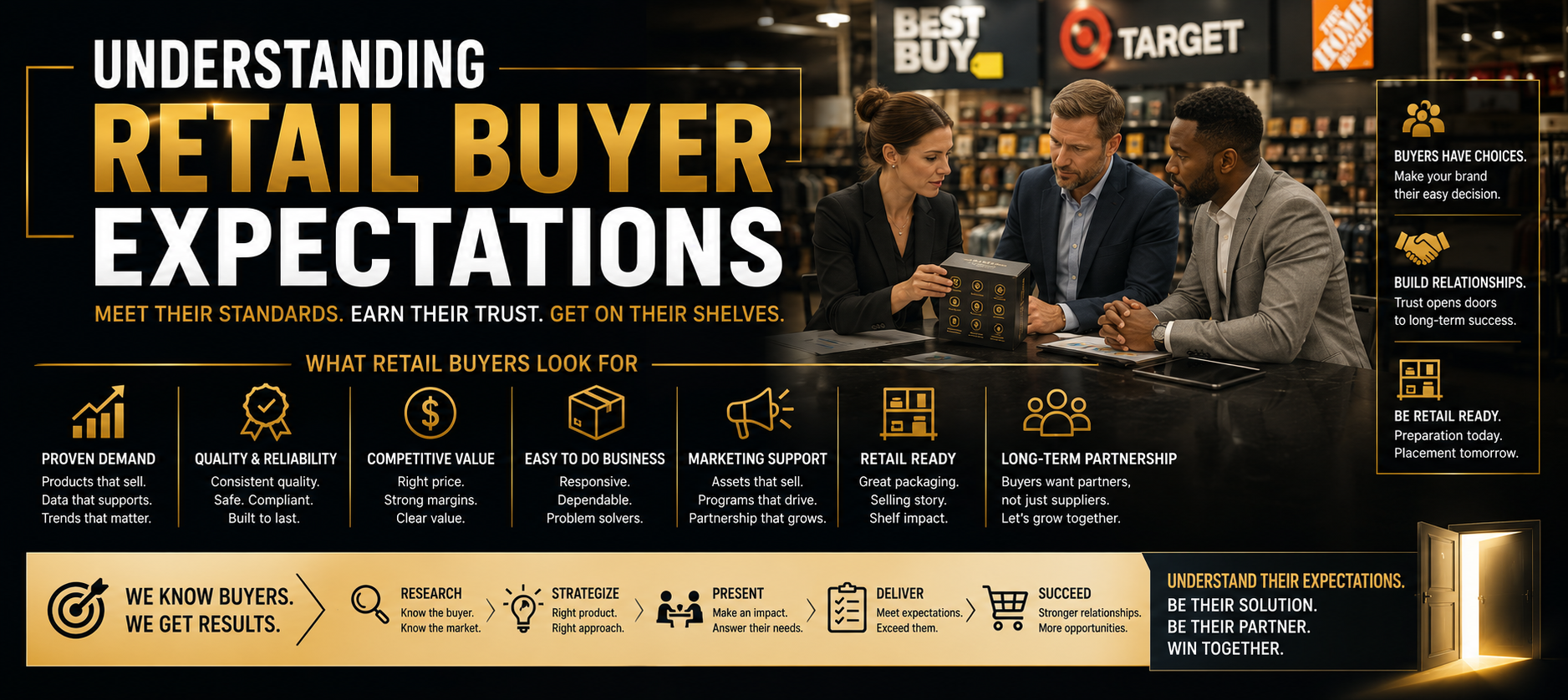 A professional dark and gold theme article banner titled Understanding Retail Buyer Expectations, featuring an image of a retail buyer evaluating products and showcasing retail readiness strategies.