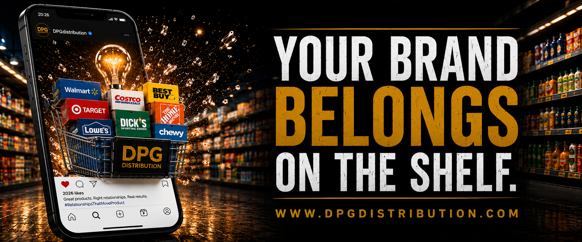 DPG Distribution retail marketing banner stating "Your Brand Belongs on the Shelf" with a background showing various retail stores and products.