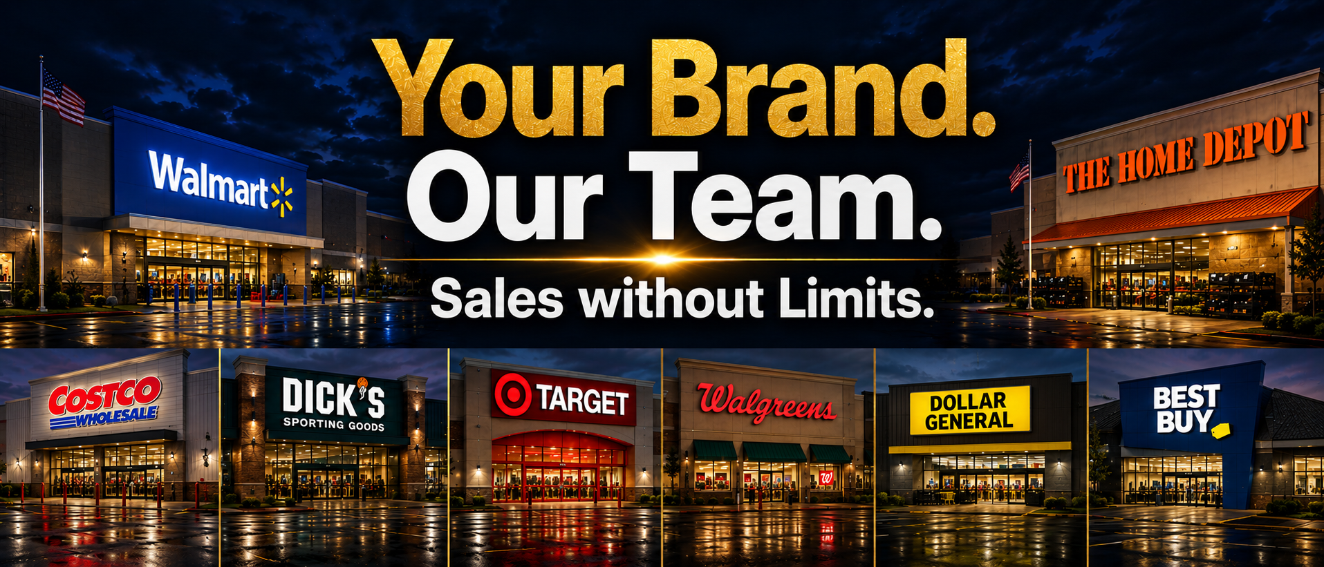DPG Distribution professional retail placement graphic with the headline Your Brand. Our Team. Sales without Limits., showcasing brand scaling solutions across major retail storefronts.