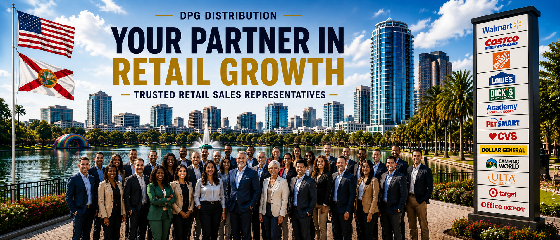 DPG Distribution retail sales representatives standing together, illustrating strategic retail partnerships and brand growth services.